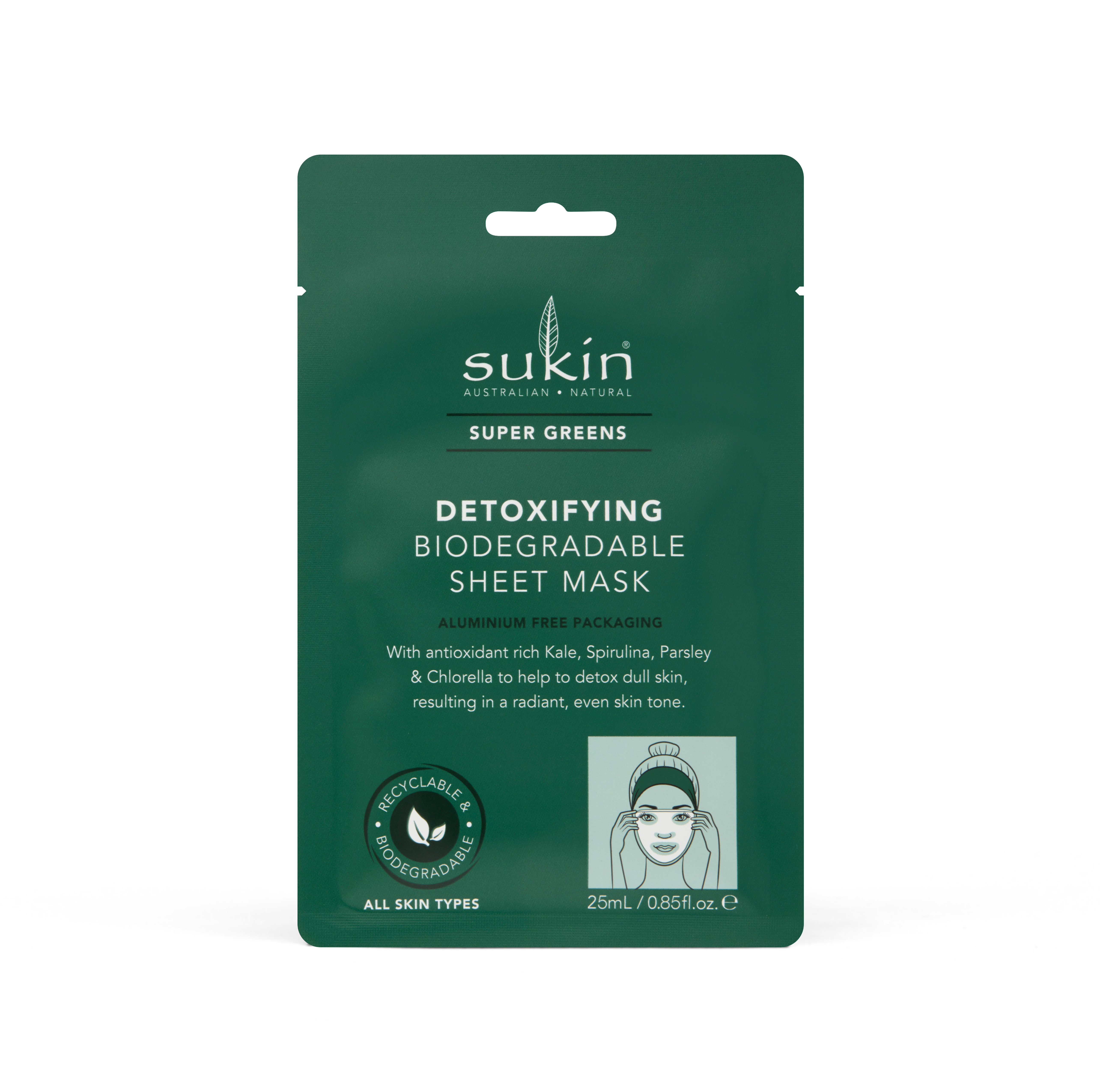 Detoxifying Biodegradable Sheet Mask: Sukin's “Green Smoothie” for the skin is enriched with a power blend of Kale, Spirulina, Parsley & Chlorella. Antioxidant-rich ingredients detoxify and revitalize dull skin, leaving your skin hydrated and radiant.