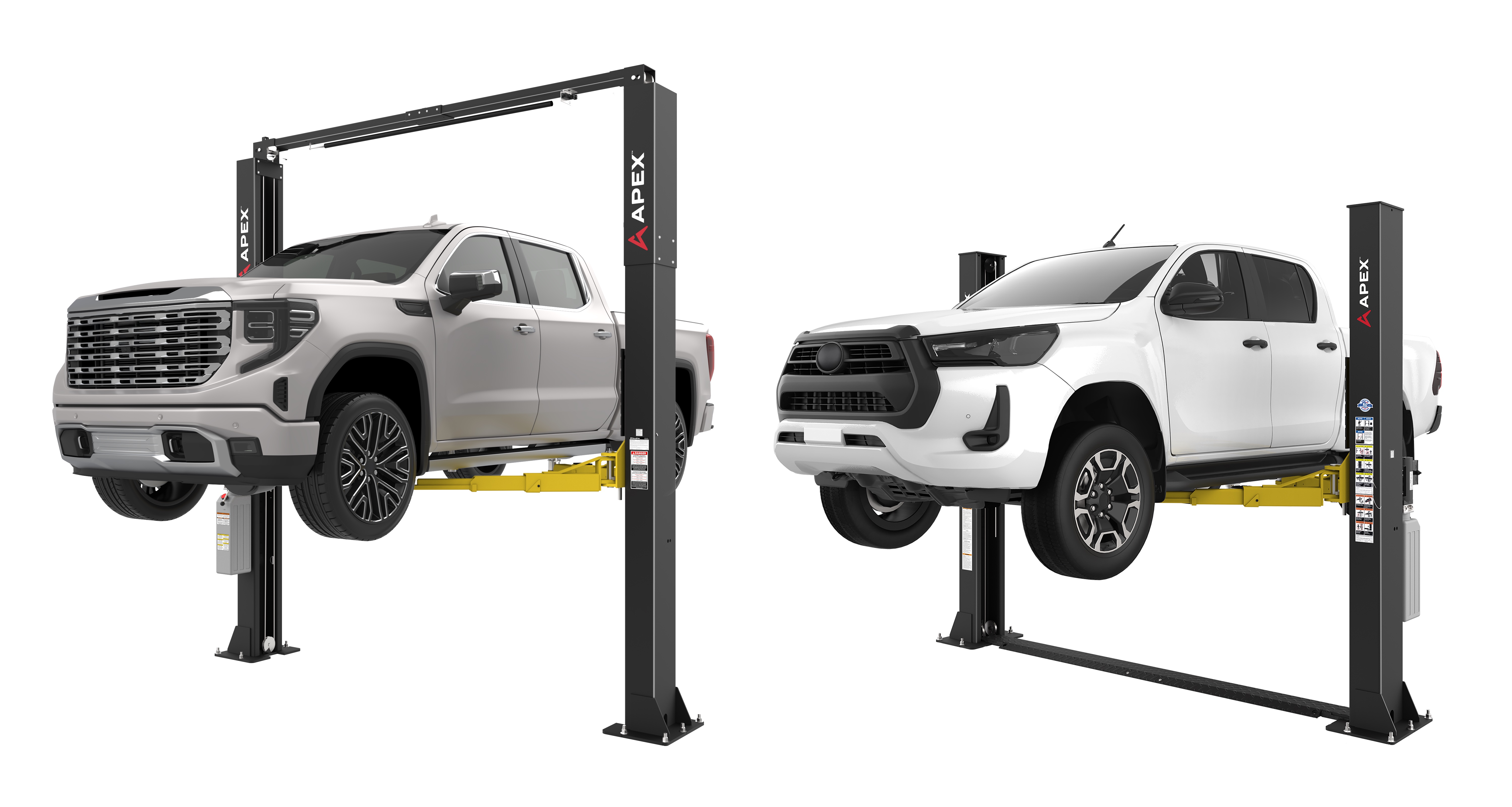 A clear-floor APEX two-post lift raising a full-size pickup truck next to a floorplate APEX two-post lift raising a mid-size pickup
