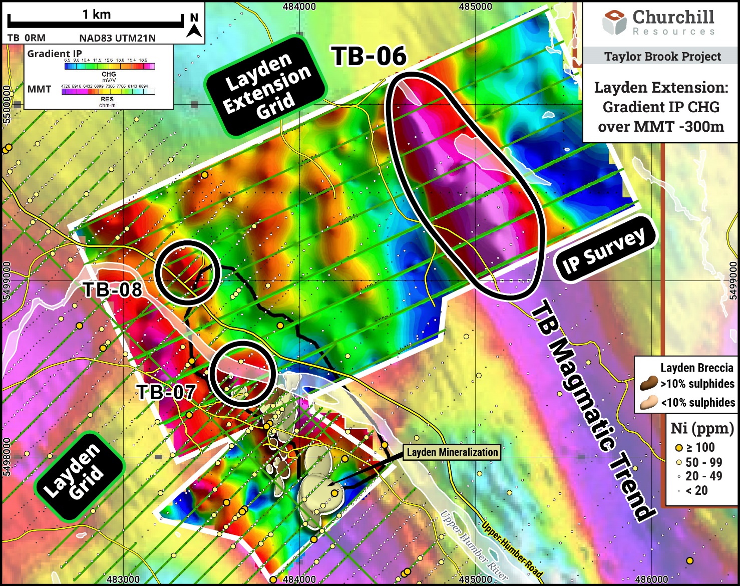 Layden Extension Gradient IP Chargeability over -300m MMT Resistivity