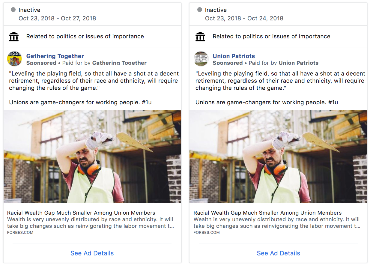 One tactic used by Russians to try to influence the 2016 election was still being used in political advertising archived by Facebook during the May 2018 - May 2019 study period, NYU Tandon researchers reported. Inauthentic communities advertised the same content targeted at specific identities (for example, union members or angry Ohioans). Yet the disclosure strings that appeared on Facebook never cited a central advertising source, and the stated advertisers are not registered entities.