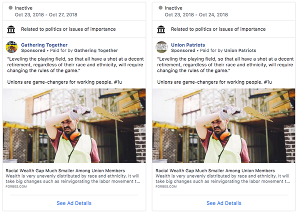 One tactic used by Russians to try to influence the 2016 election was still being used in political advertising archived by Facebook during the May 2018 - May 2019 study period, NYU Tandon researchers reported. Inauthentic communities advertised the same content targeted at specific identities (for example, union members or angry Ohioans). Yet the disclosure strings that appeared on Facebook never cited a central advertising source, and the stated advertisers are not registered entities.