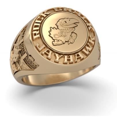 The University of Kansas "Rock Chalk Jayhawk" official ring, designed by Jostens. 