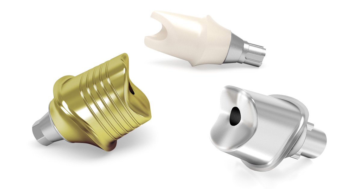 Custom abutment options include titanium, anodized titanium, and zirconia (w/ti-base).