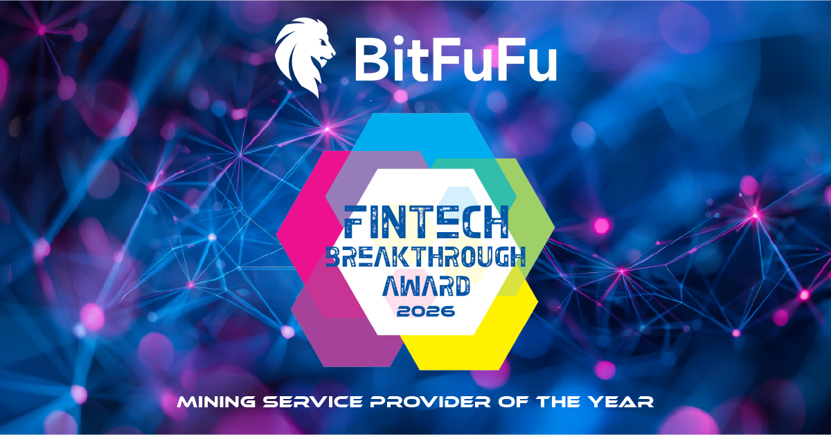 Promotional graphic featuring the BitFuFu logo and the FinTech Breakthrough Award 2026 emblem 
