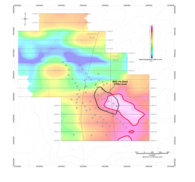 Plan map of Chargeability Model at 3700m elevation showing the extent of the  chargeability anomaly southeast of the open pit defining the MRE.  Pierce points of drill holes on the 3700 m elevation clearly show that this major anomaly is essentially untested by drilling.