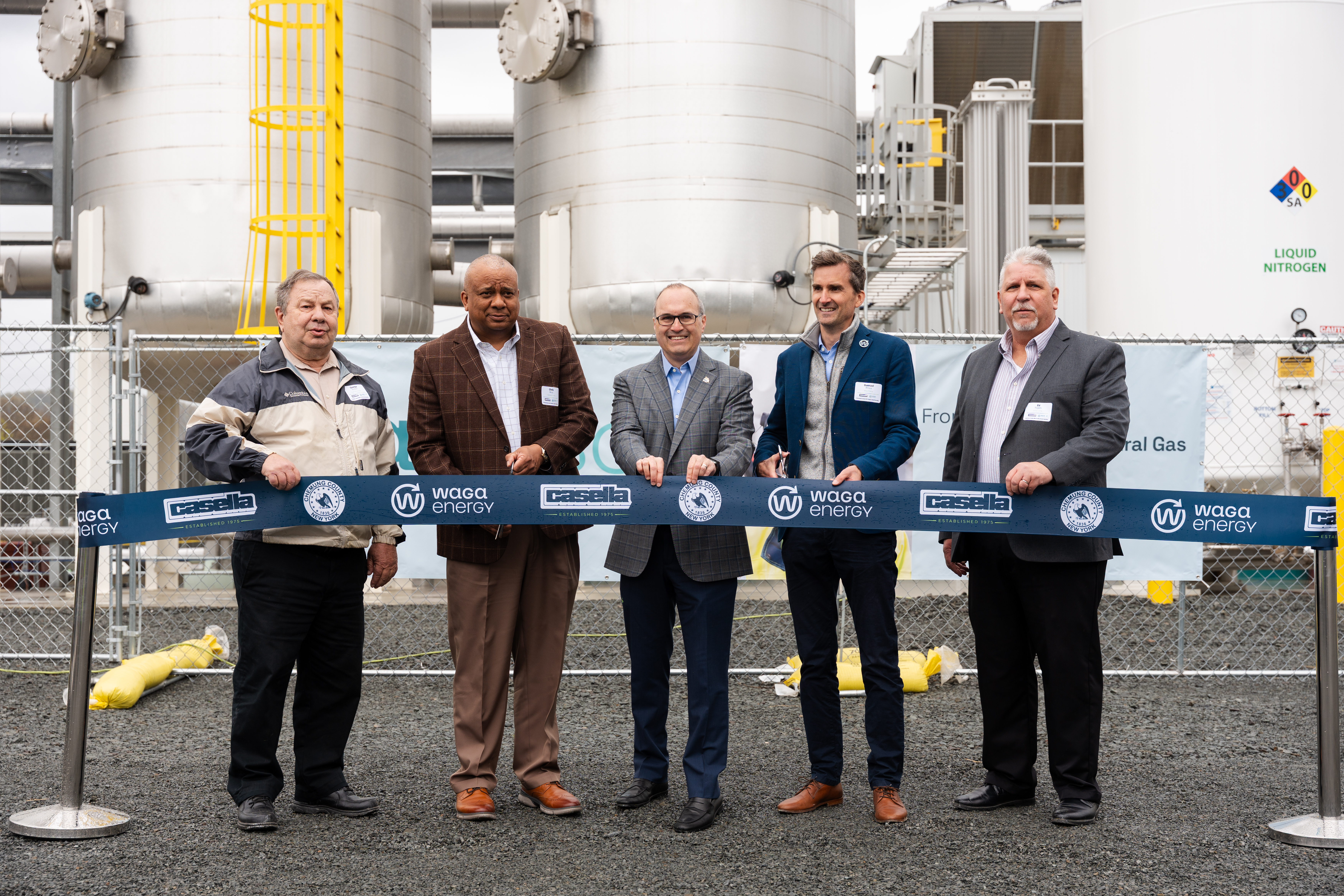 Pictured from left to right: Chemung Town Supervisor George Richter, Chemung County Executive Chirs Moss, Casella President & CEO Ned Coletta, Waga Energy CEO Guénaël Prince, Valley Energy CEO Ed Rogers