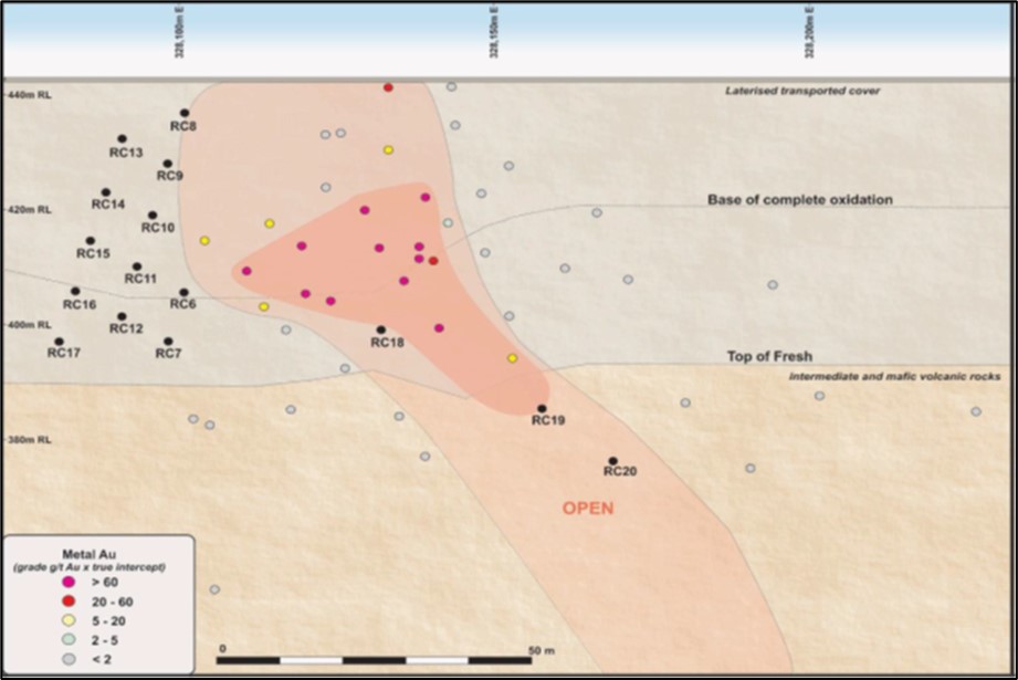 Long section of the Endeavour deposit showing pierce points of the planned holes of the November 2022 RC Drilling Programme.
