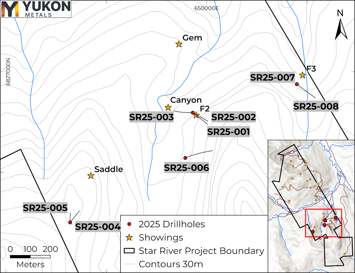 2025 Star River drill hole locations and inset map showing new Stump claims to the south.
