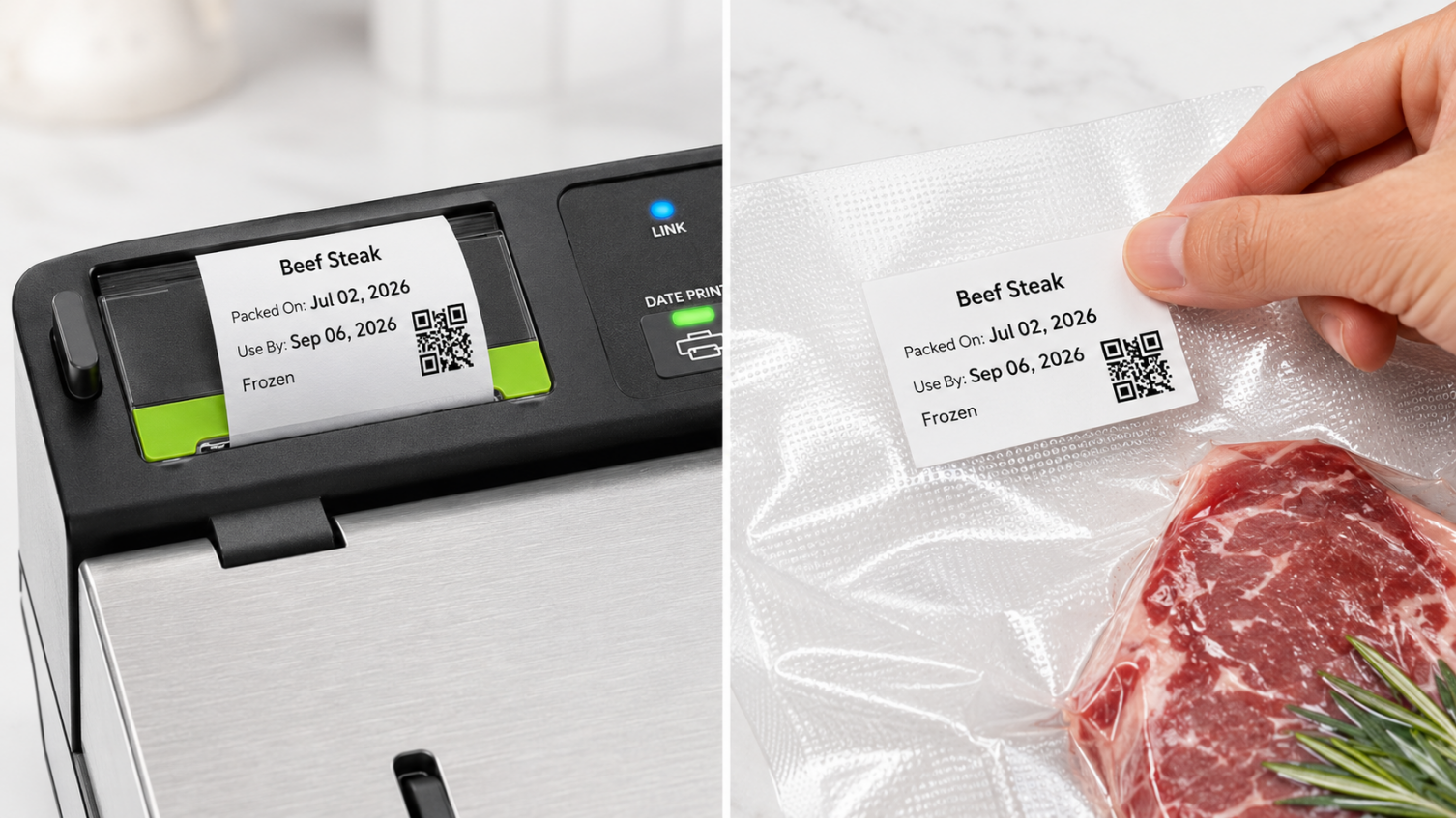 FreshTrack built-in label printer printing a date label with QR code