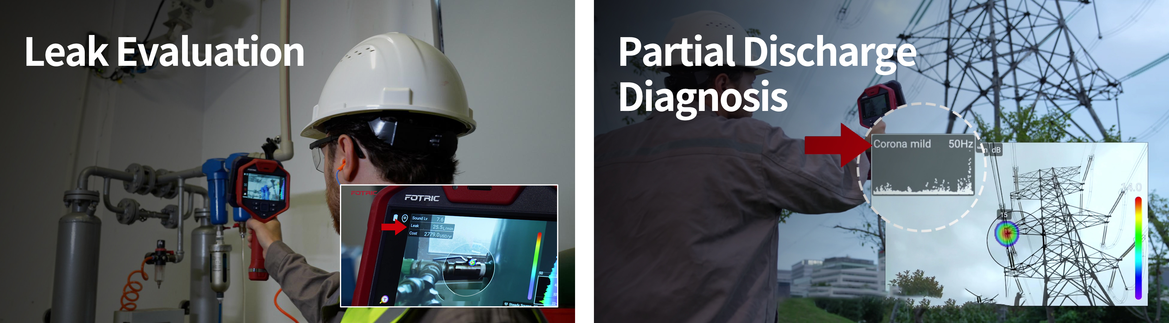 Industrial applications of FOTRIC NaviPdM®  Venus, including air leak detection, gas leak analysis, and partial discharge inspection.