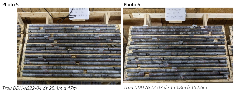 Photo 5: Trou DDH-AS22-04 de 25.4m à 47m; Photo 6: Trou DDH AS22-07 de 130.8m à 152.6m