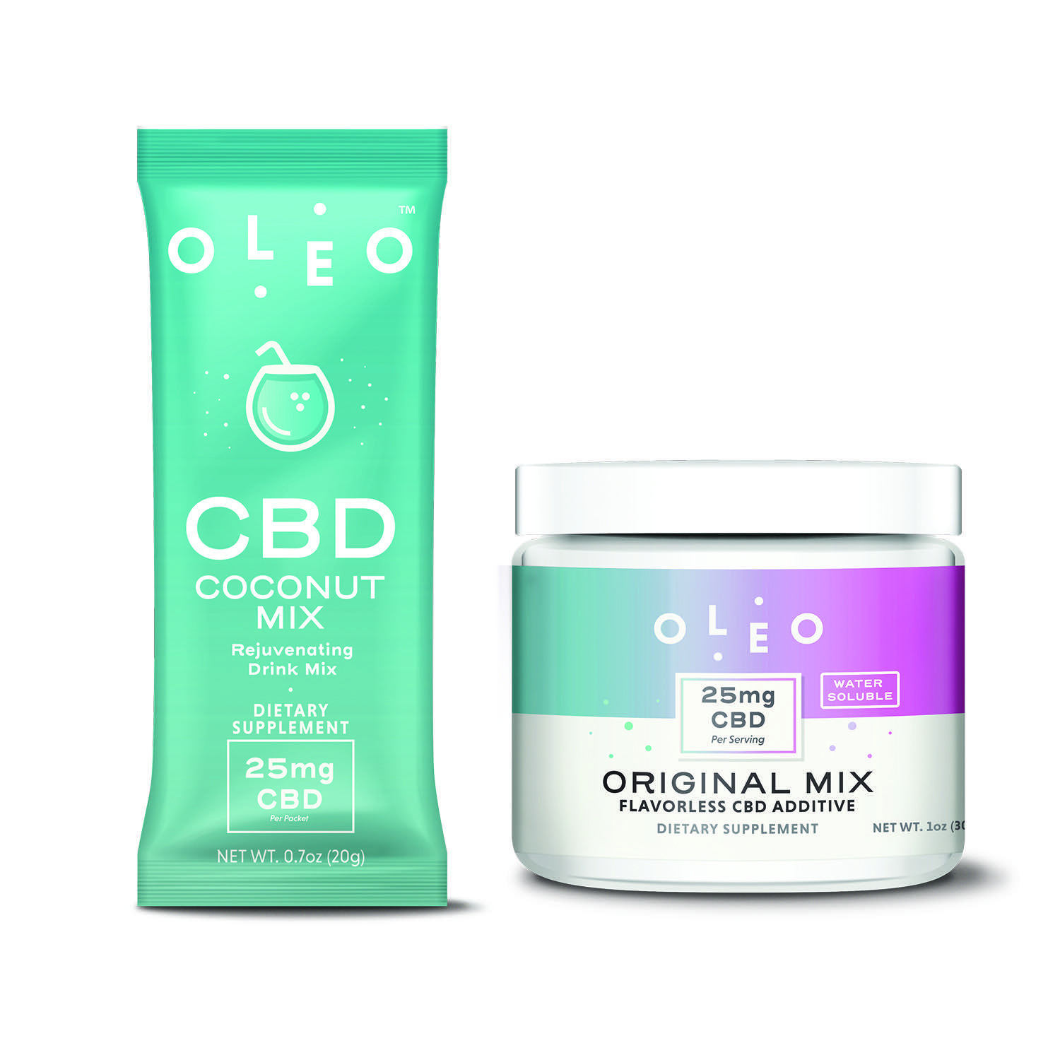 OLEO™ CBD Coconut Mix and flavorless Original Mix, designed for post-workout recovery.