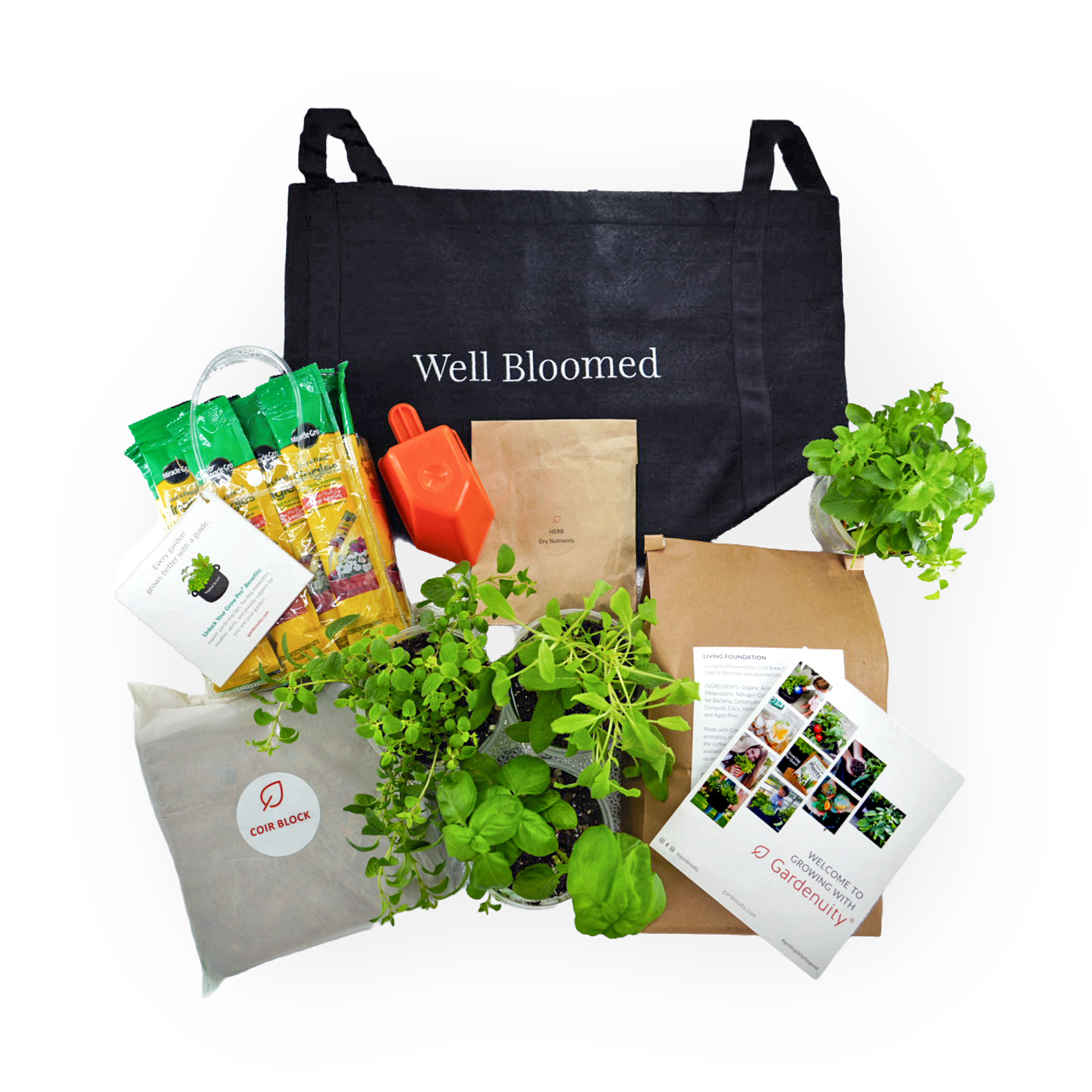 Each Inspired to Gro garden includes: 5-gallon, double-stitched grow bag, custom-blended soil, four fully rooted Bonnie Plants, Miracle-Gro Pour & Feed Plant Food, and Grow Pro support from Gardenuity, including personalized guidance and weather-based garden notifications to help ensure ongoing success.