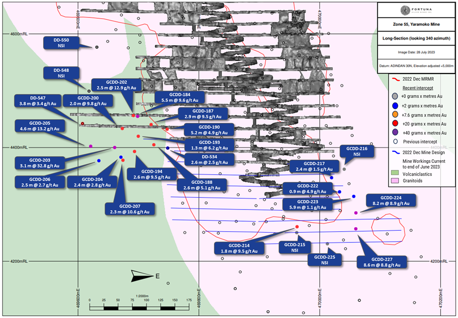 Figure 4: Zone 55 long-section showing recent drilling results