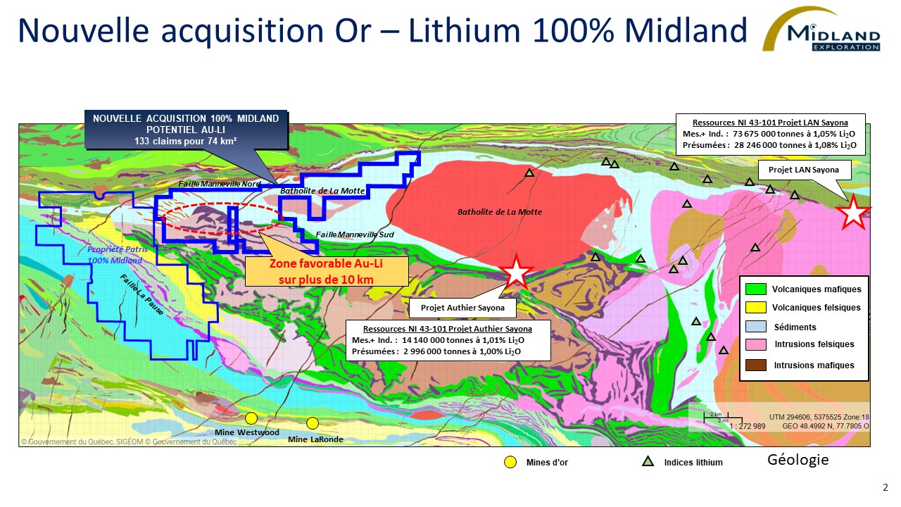 Figure 2 Nouvelle acquisition Or-Lithium 100% Midland