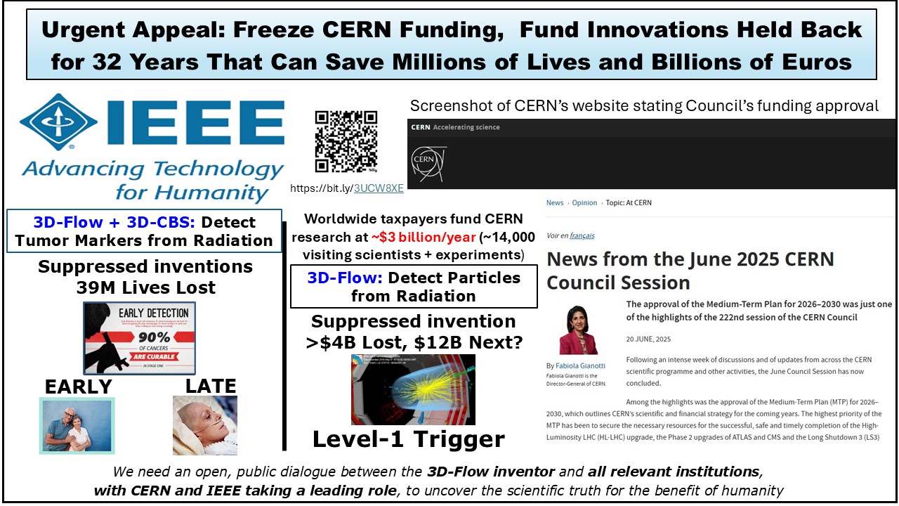Urgent Appeal: Freeze CERN Funding, Fund Innovations Suppressed for 32 Years That Can Save Millions of Lives and Billions of Euros