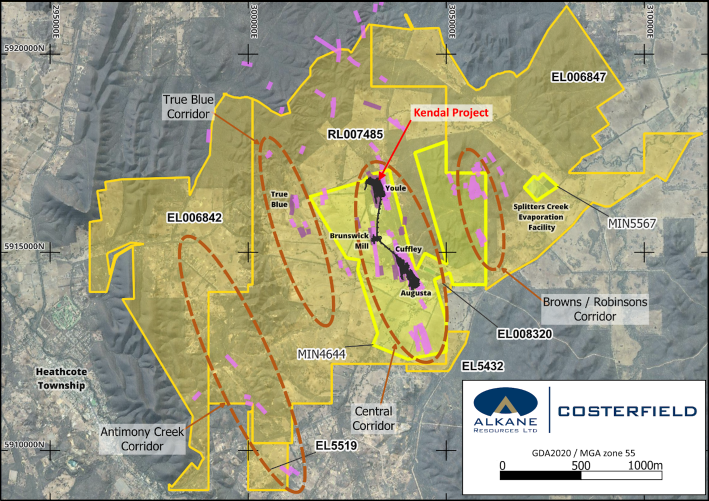 Regional map of the Costerfield Project in GDA grid showing Alkane tenements and the main corridors of mineralisation identified.