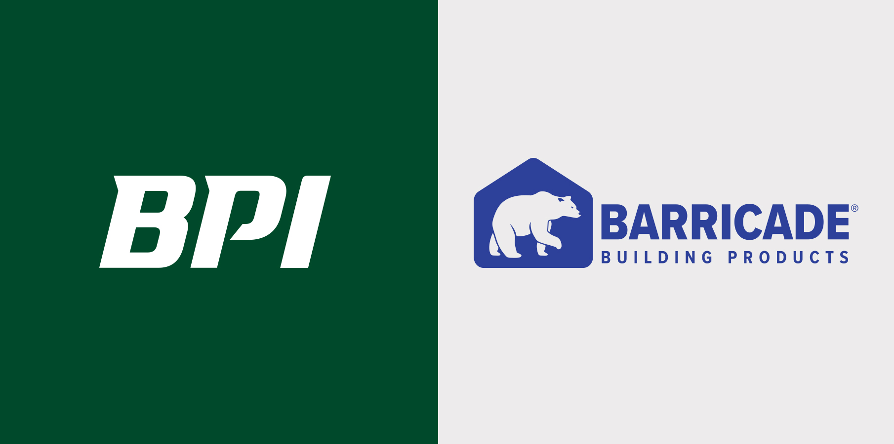 BPI logo with their dark green color and the Barricade Building Products logo