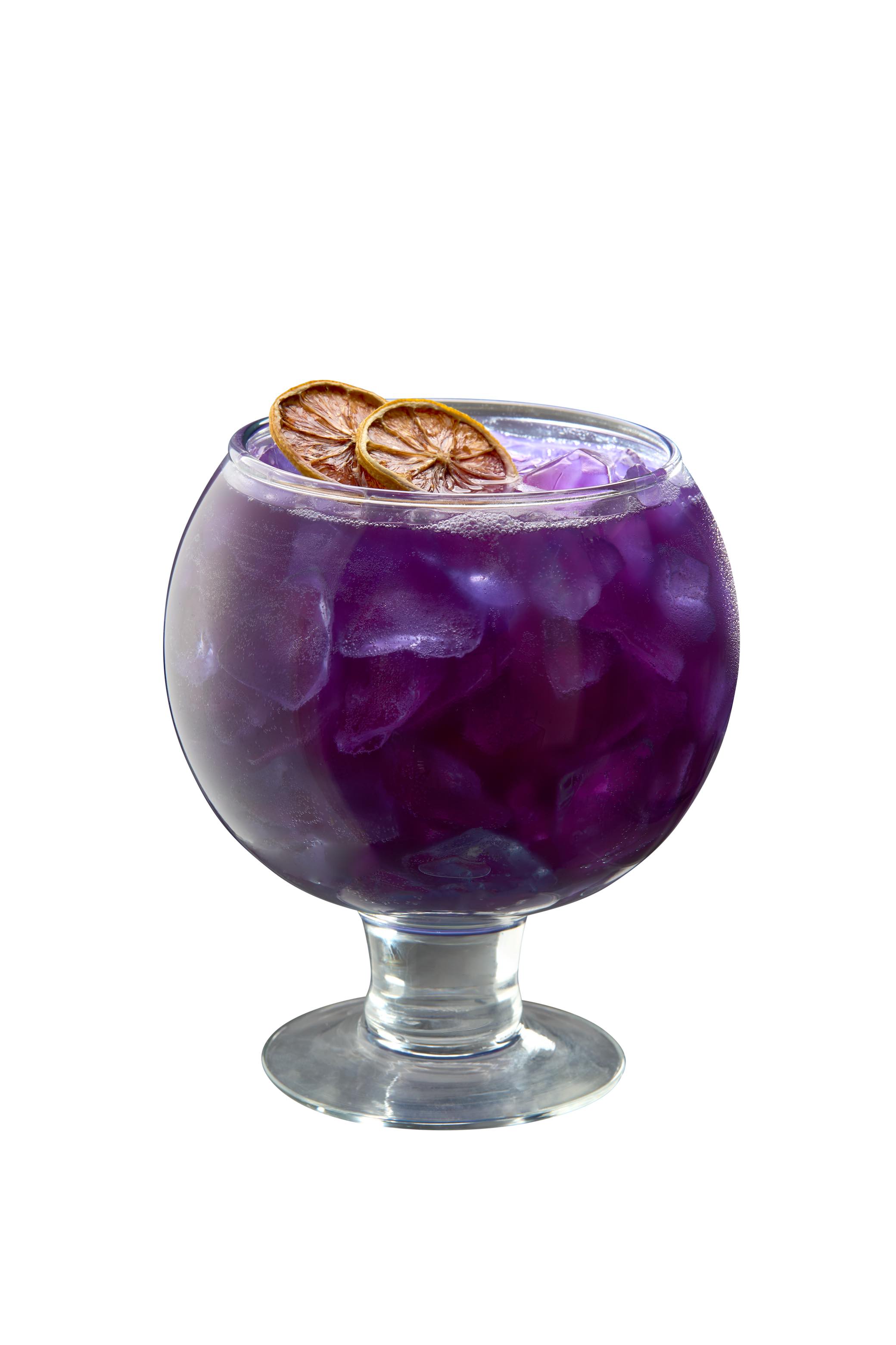 A stunning bright purple cocktail made with Tanqueray gin, butterfly pea flower and lemonade