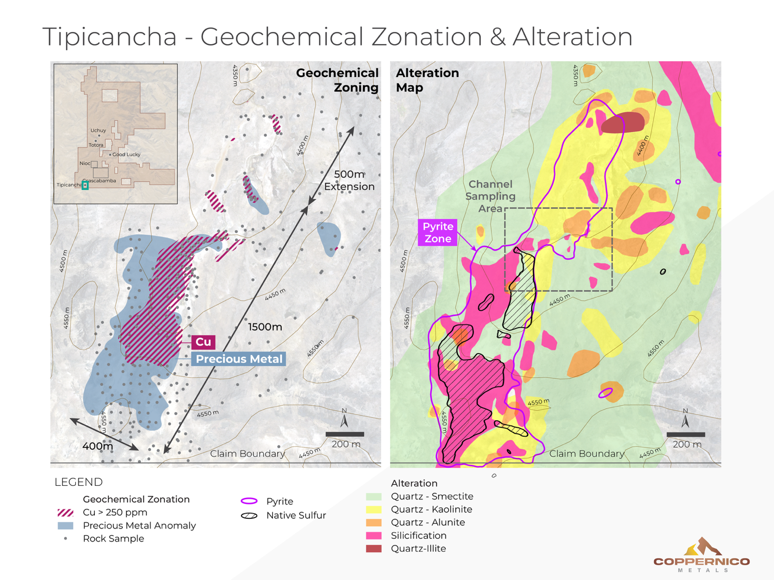 Figure 2: Interpreted Geochemical and Alteration mineral assemblage maps at Tipicancha. 