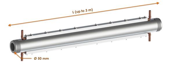 A rendering of one of the electron cyclotron heating (ECH) waveguide assemblies that GA is developing for the ITER fusion experiment. The assemblies carry high-frequency microwaves of up to 1 megawatt into the tokamak to heat the plasma to fusion conditions. The microwaves travel through the large machined aluminum tube in the center, while the small copper tubes on top and bottom provide cooling during operation.