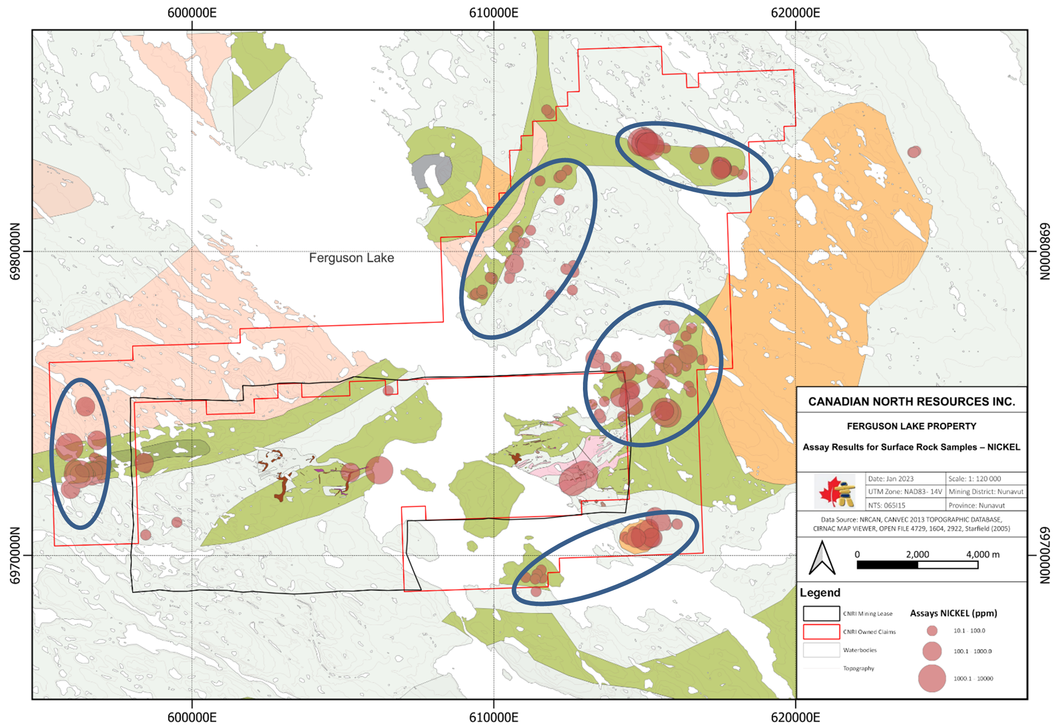 Five new targets identified in the exploration claims (156.9km2) outside the mining leases (96.9km2) of the Ferguson Lake Project