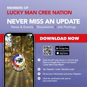 The Lucky Man Cree Nation Mobile app displayed on a smartphone with QR code. 