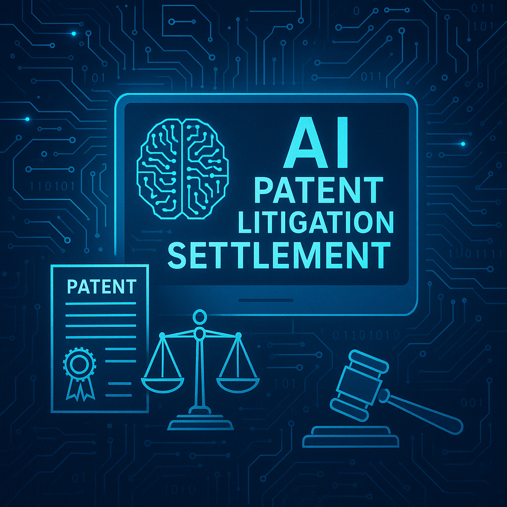 Alpha Modus and OptiSigns logos with abstract AI data visualization symbolizing settlement.