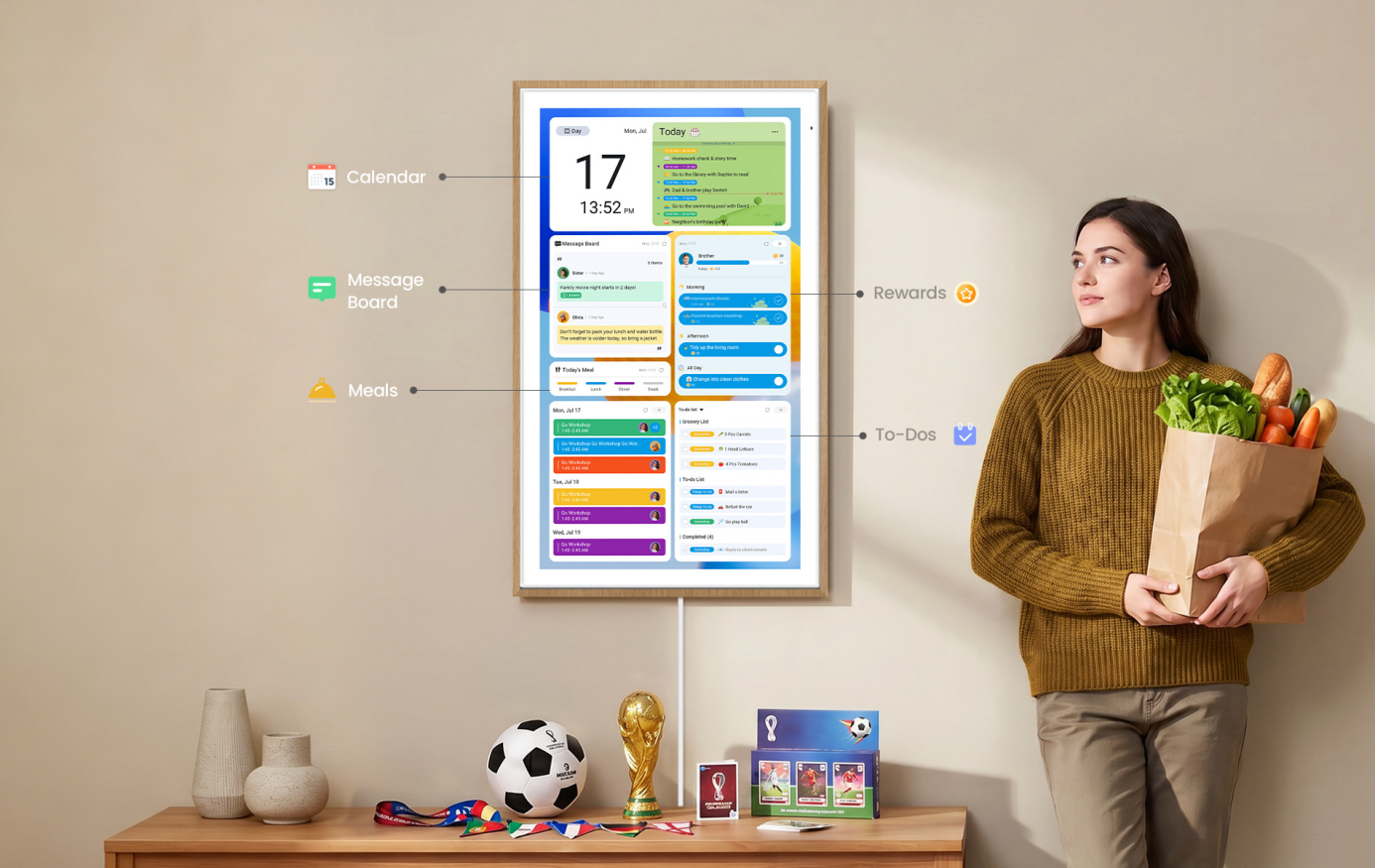 Apolosign Digital Calendar is subscription-free with DIY widgets, offering a clear wall-mounted dashboard for tasks at a glance.