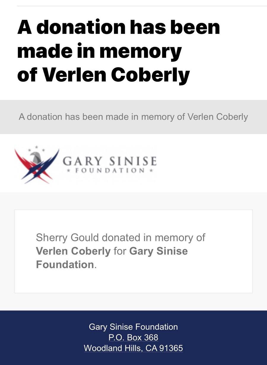 Mitch and Sherry Gould donated to the Gary Sinise Foundation in memory of Verlen Coberly, her father. The foundation, which was founded by actor Gary Sinise, honors veterans, first responders, their families and people in need.