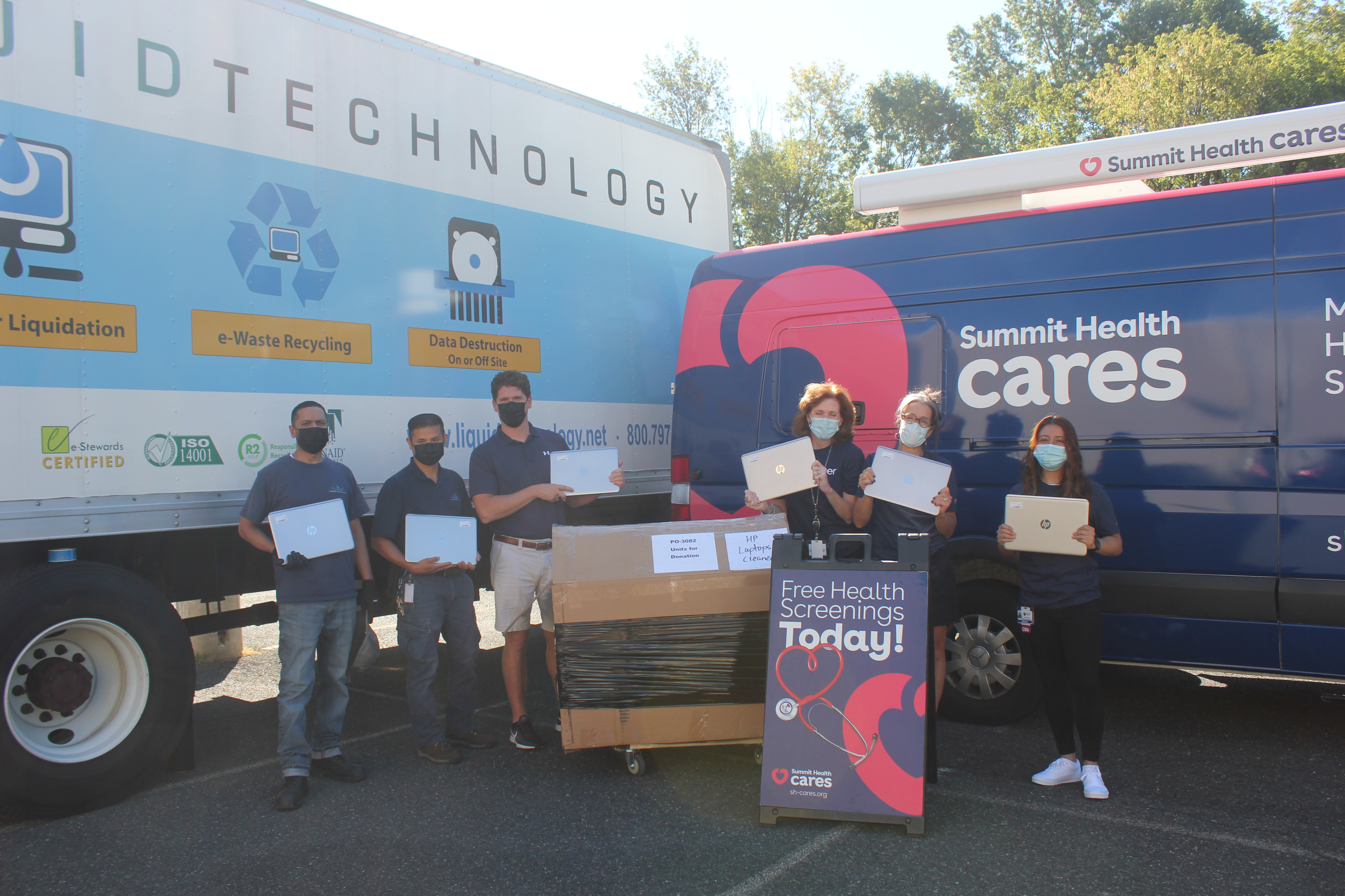 Laptops donated by Summit Health being dropped off by Liquid Technology after secure degaussing. They will be included with school supplies in Summit Health Cares' backpacks donated to New Jersey children in need.

(Pictured left to right) From Liquid Technology Bejai Lakhan, Keith Guo, Colin McNamara and from Summit Health Cares Kerry Kelly, Pamela Singer and Erica Montoya.