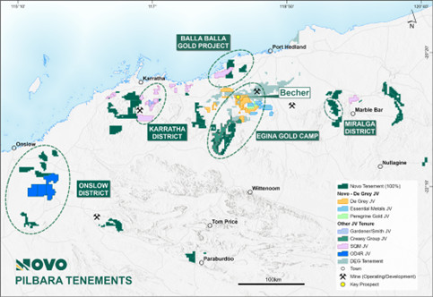 Novo Pilbara and Onslow tenure showing main projects and significant prospects.