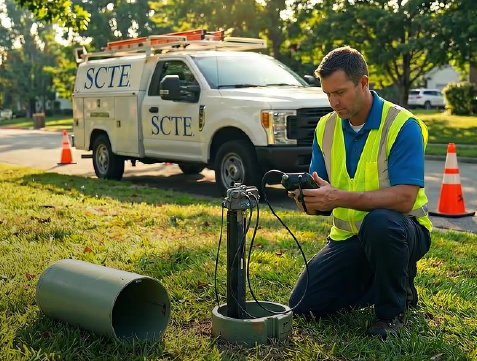 Technician in safety vest using handheld device to test broadband network equipment outdoors