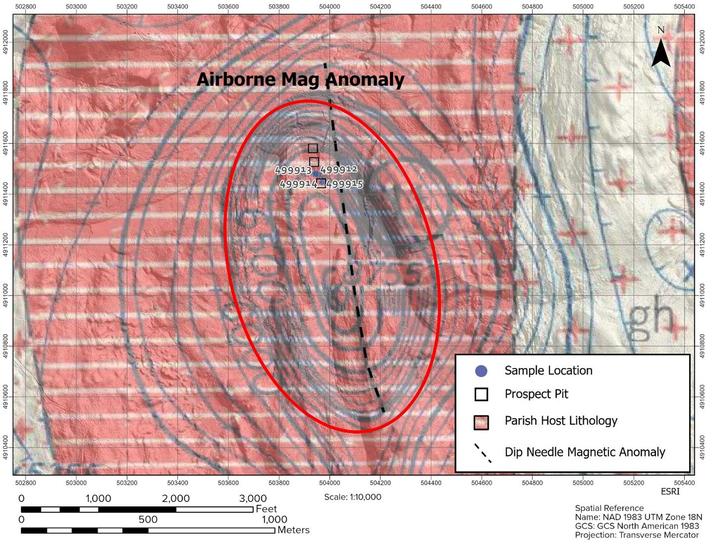 Parish Magnetic Anomaly, with sample locations and historic prospect pits marked. 