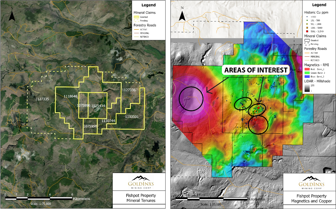 Image 2: Fishpot Property mineral claims (left) and airborne magnetic data and Copper with target areas (right).