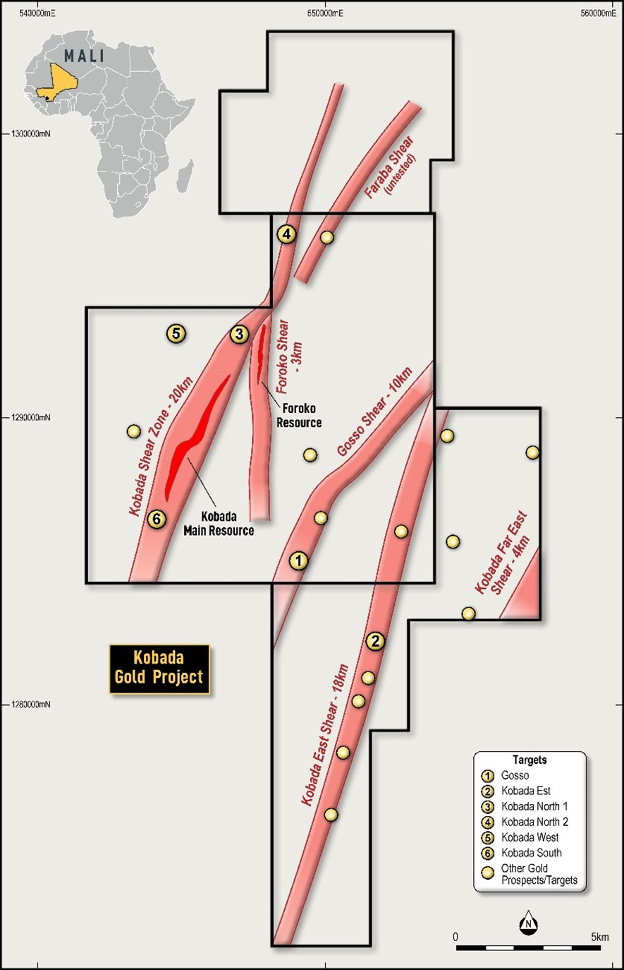 Plan showing 2023 drill targets within the Kobada Gold Project