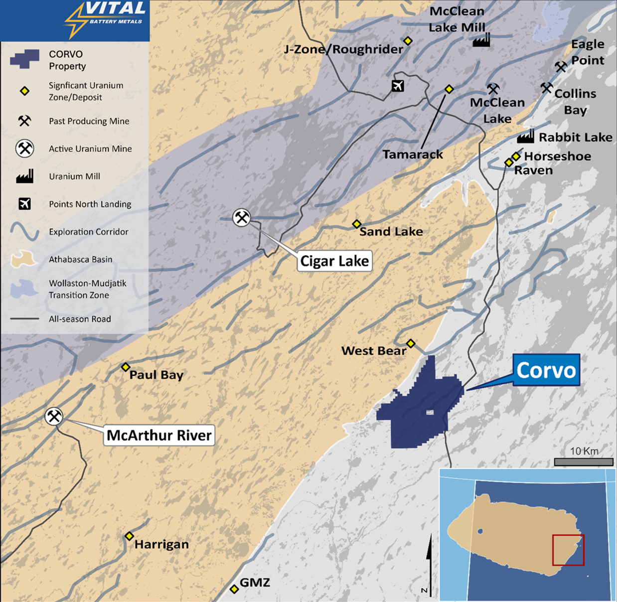 Regional map of the Corvo Property. The Project is located 45 km northeast of Atha Energy’s Gemini Mineralized Zone and 60 km due east of Cameco’s McArthur River mine. 