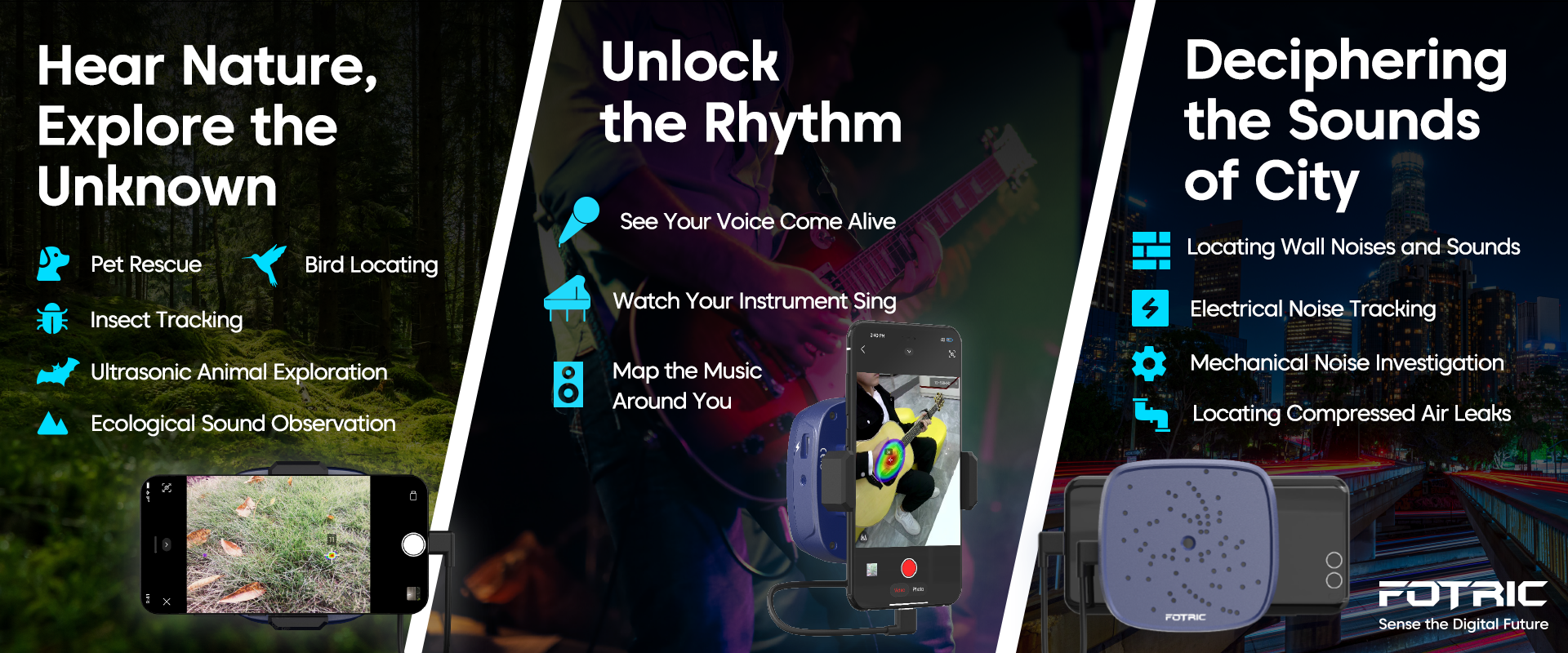 FOTRIC TD2 Geek used for nature observation, industrial diagnostics, and classroom STEM learning, showing its versatile acoustic imaging applications.