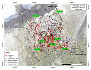 Goliath Intersects 18.58 g/t Gold Over 5.00 Meters, Drilling Maintains 100% Hit Rate, 90% Of Holes Contain Visible Gold, Remains Wide Open, Surebet Discovery, Golddigger Property, Golden Triangle, B.C.
