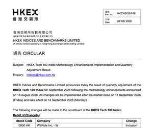WeRide Included in HKEX Tech 100 Index Following September 2026 Quarterly Review
