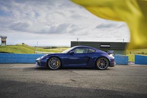 2020 718 Cayman GT4 shown here in Gentian Blue Metallic