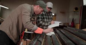 Bernard-Olivier Martel and Antoine Cloutier examine cores from the latest drilling campaign.