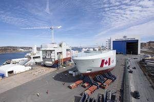 The bow of Canada's second Arctic and Offshore Patrol Ship is transported