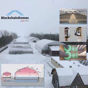 Campus and Interior Views of UnitedCorp BlockchainDomes and Rendering of Adjacent Greenhouses