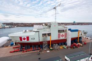 The future HMCS Margaret Brooke structurally assembled at Halifax Shipyard