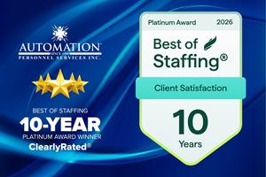 Automation Personnel Services Wins ClearlyRated’s 2026 Best of Staffing Platinum Award for Service Excellence
