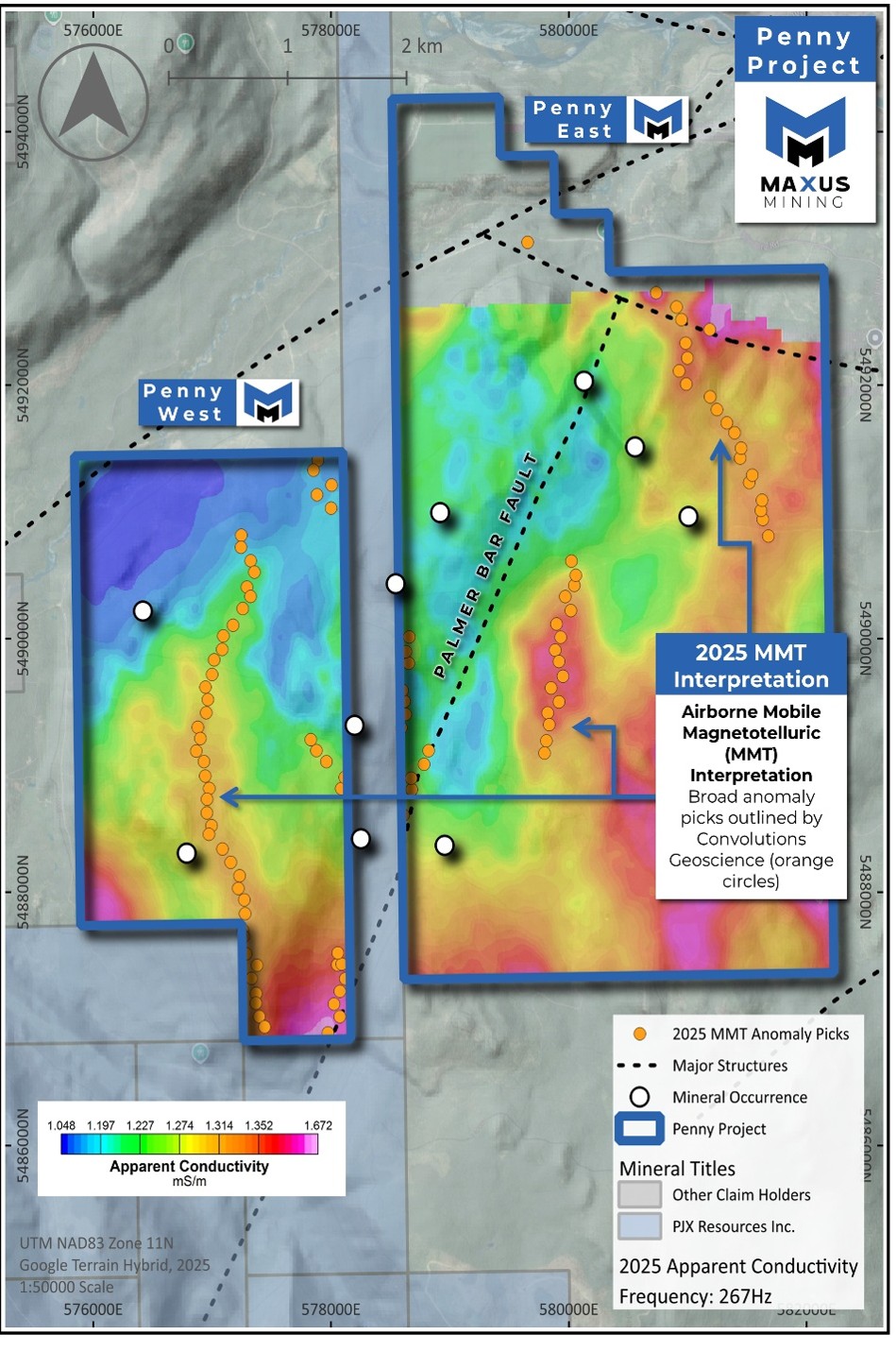 Figure 1: Penny Project Geophysical Interpretation Map. The MMT anomaly picks represent conductivity anomalies that are interpreted to reflect sulphid
